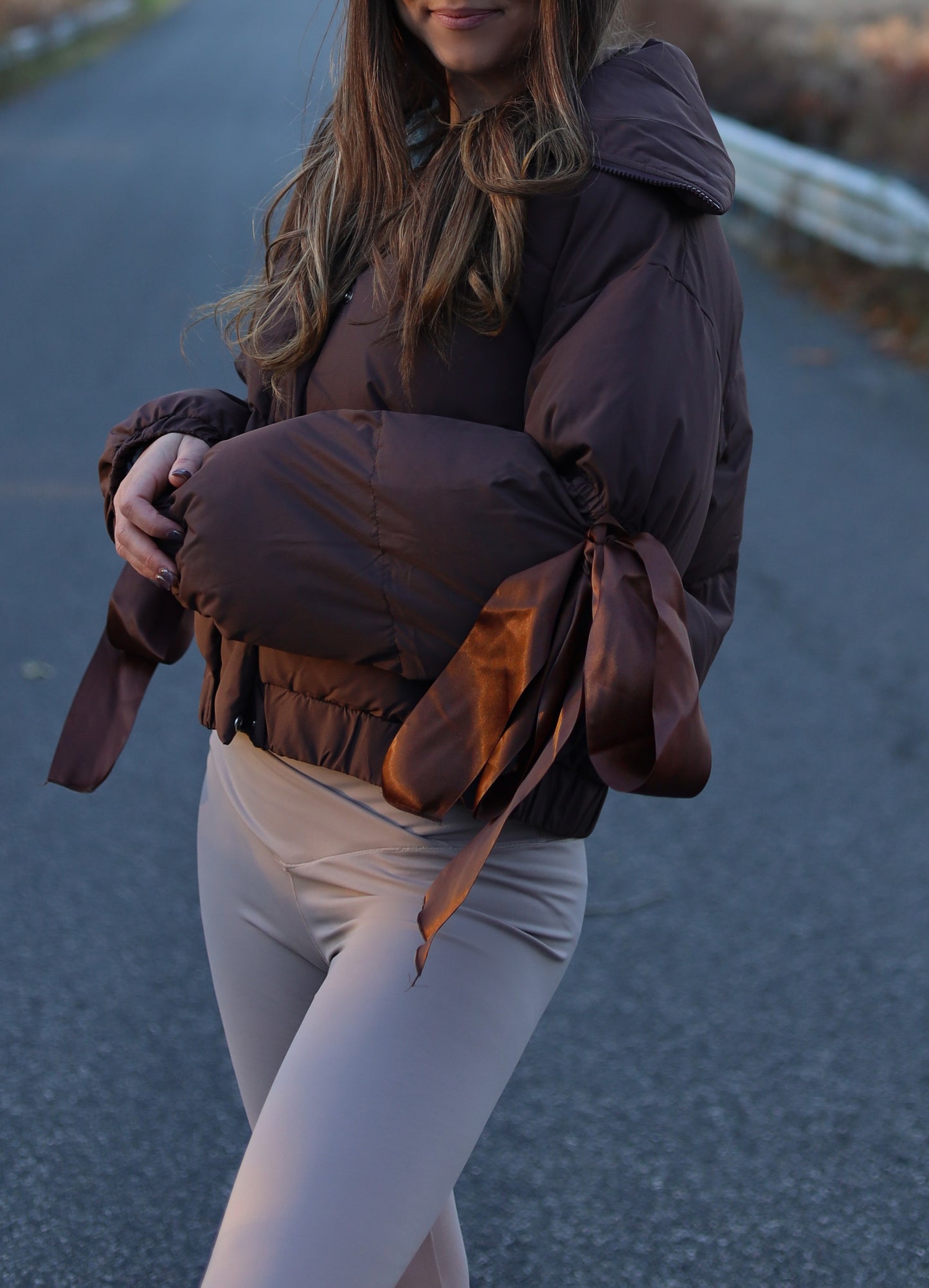 Brownie Bow Puffer - Chocolate With Luxurious Satin Sleeves