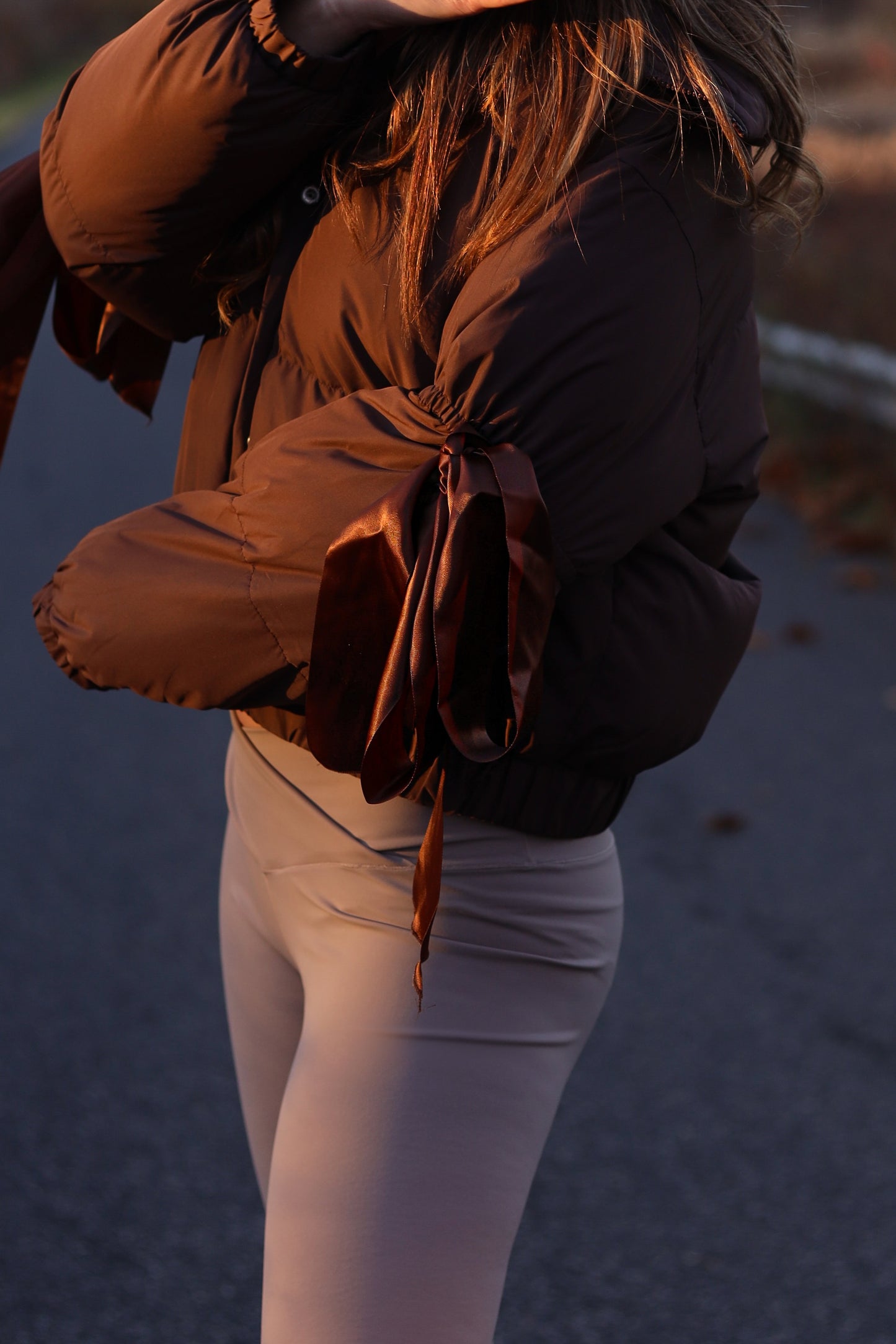 Brownie Bow Puffer - Chocolate With Luxurious Satin Sleeves